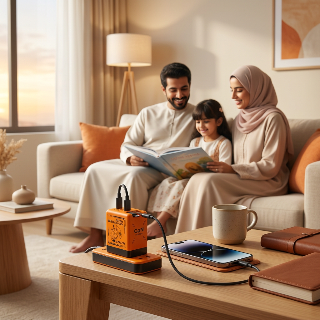 At Home family lifestyle image with orange GaN charger