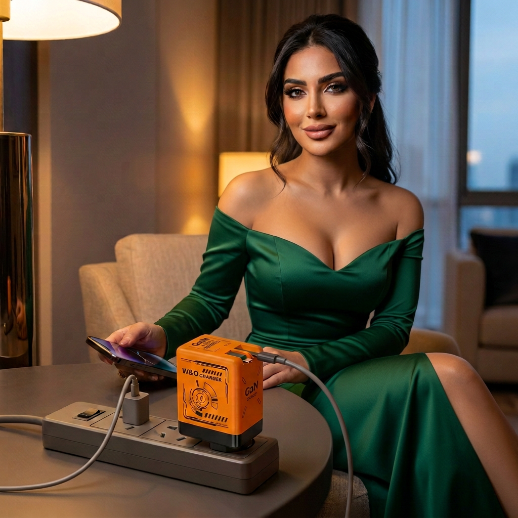 Bold glamorous fashion look with the orange GaN charger