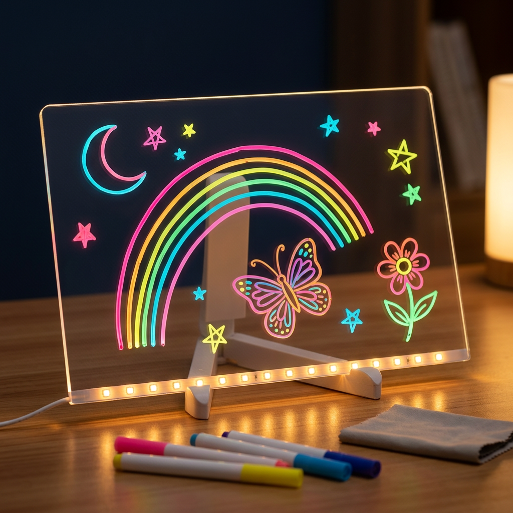 Bright LED Glow drawing board in a cozy dark room