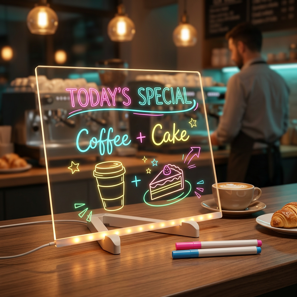 Café ke liye glowing menu drawing board