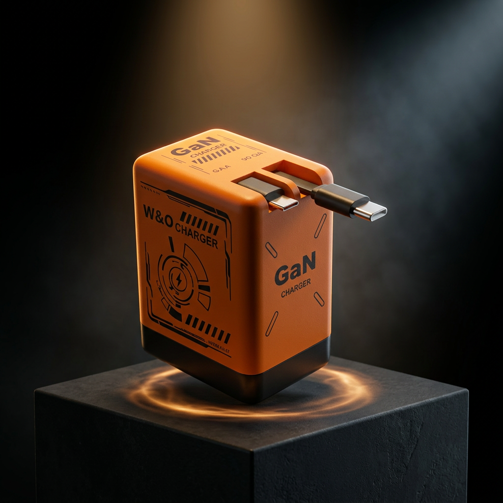 Cinematic orange GaN charger with dramatic amber spotlight