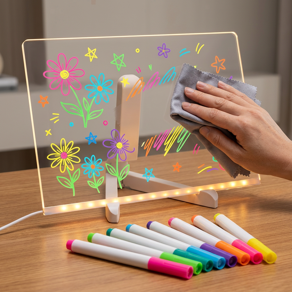 Neon markers aur wipe-clean drawing board ka close-up