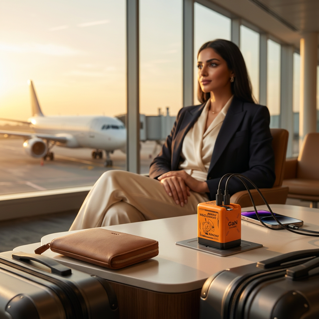 On the Go orange charger airport travel image